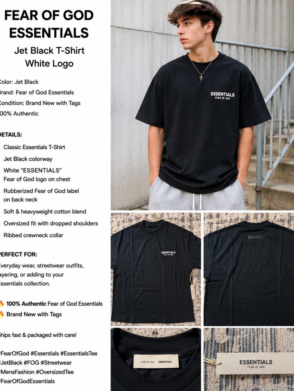 Fear of God Essentials Jet Black Logo T-Shirt NWT
